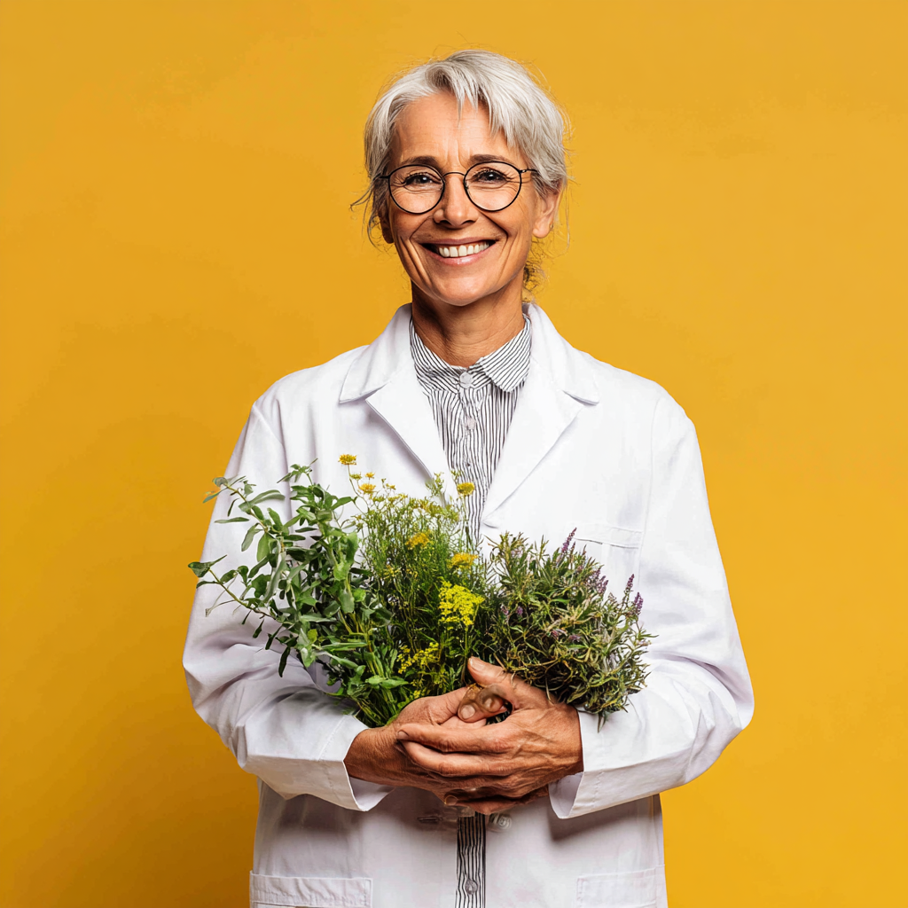 Професійна жінка-консультант європейської зовнішності у віці 35-40 років з доброзичливою посмішкою, в природному середовищі з рослинами, реалістичний стиль