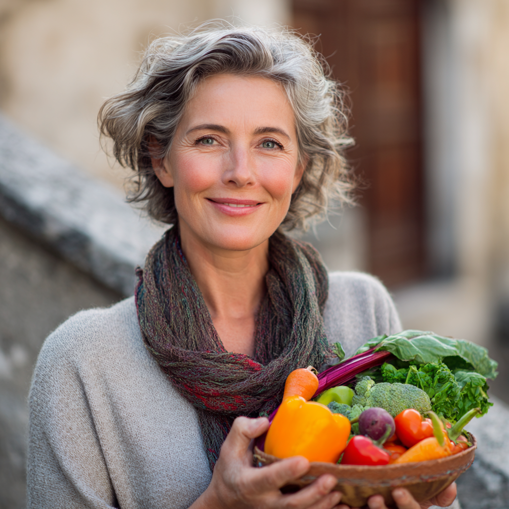 Здорова європейська жінка віком 30-35 років посміхається тримаючи зелений смузі та свіжі овочі, природне освітлення, здоровий спосіб життя, реалістичний стиль